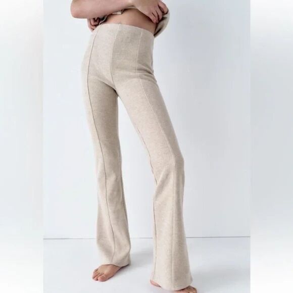 ZARA Women's 2PC Set Cream  Fitted Ribbed Top & Flared Rib Sweater Pants - Large - Picture 7 of 13